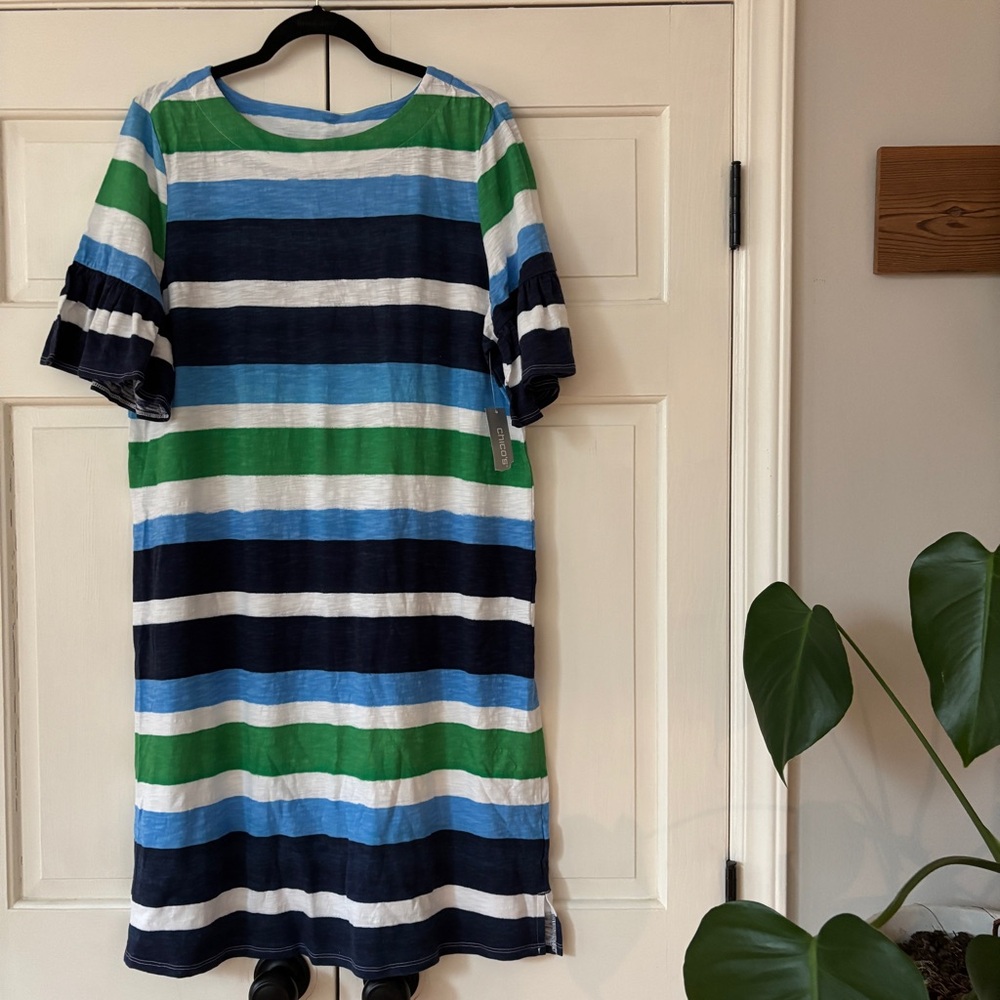 Chico's Size 2 Water Strokes Striped Ruffle Sleeve Knee Dress Cotton Chico Large